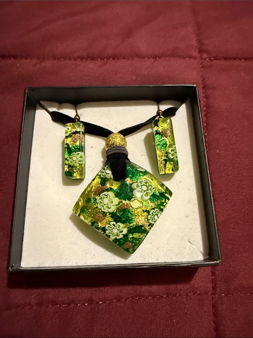 Gold-Accent Green Floral Glass Pendant Necklace and Earring Set